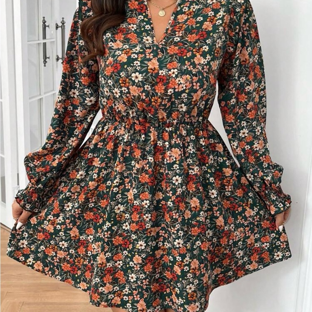 SHEIN Green and Orange Floral Long Sleeve Dress